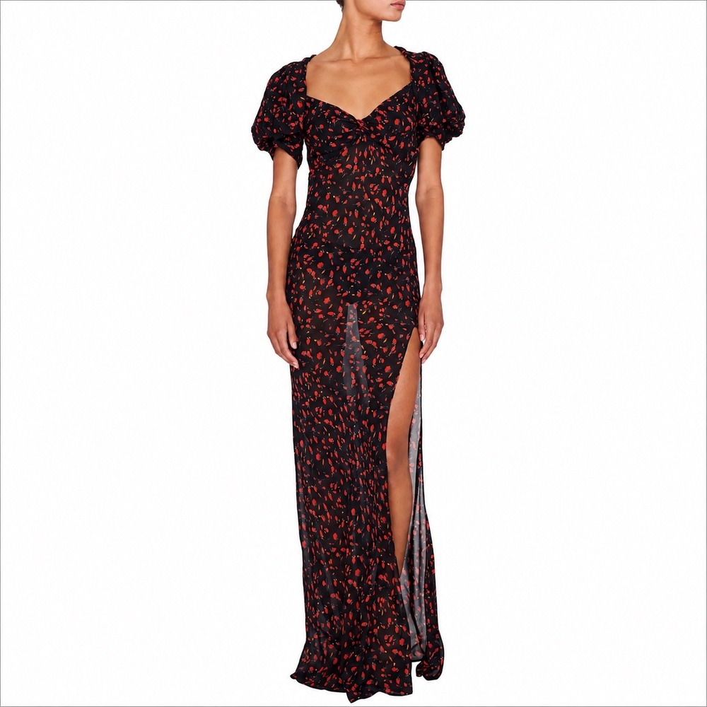 Rat & Boa Magnolia Maxi Dress Black Red Floral Puff Sleeve V-Neck Size M